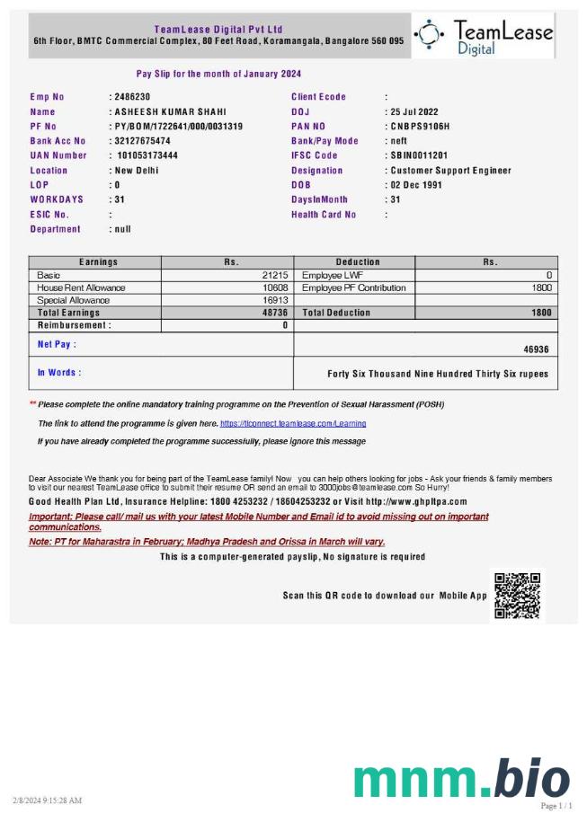 Cyfrowy szablon odcinka wypłaty TeamLease w formatach Word i PDF